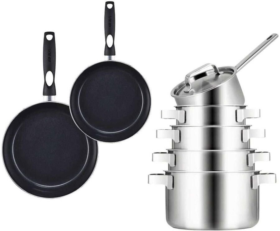 Sola Pannenset Ruby 7-Delig Premium Triply RVS Kookpan ø 16 18 20 en 24 cm en Steelpan ø 16 cm & BEKA Koekenpannen Pro Induc ø 24 & 28 cm
