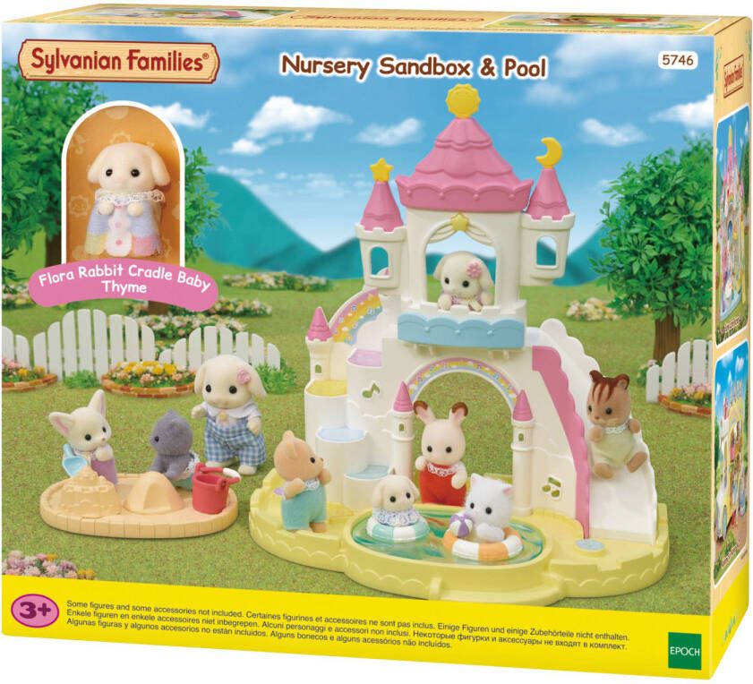 Sylvanian Families 5746 Baby Zandbak & Zwembad- inclusief 1 fluweelzachte bloemen hangoor konijn baby