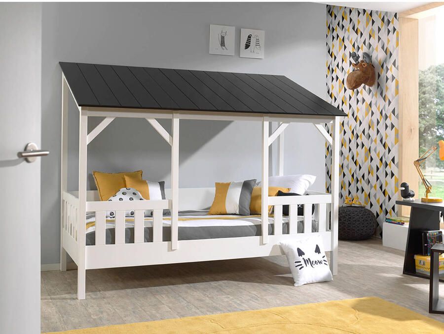 Vipack Kinderledikant Huisbed van MDF en massief hout dak zwart of wit