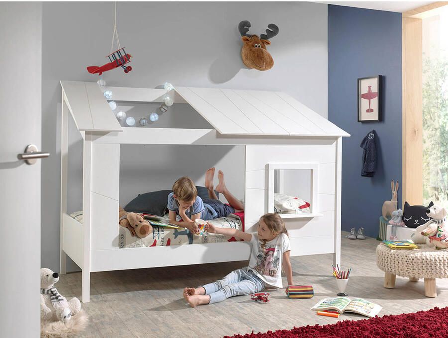 Vipack Kinderledikant Huisbed van MDF en massief hout wit gelakt incl. venster aan de voorkant
