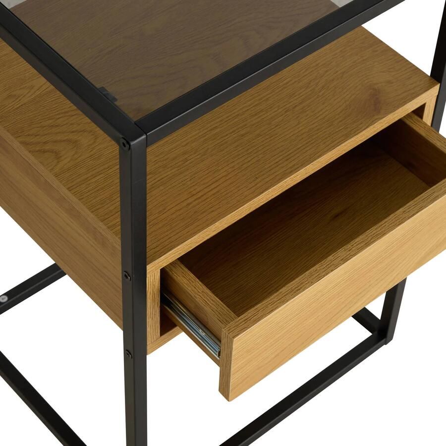 Hioshop Ralf nachtkastje 1 plank 1 lade glas rookkleurig wild eik decor. - Foto 3