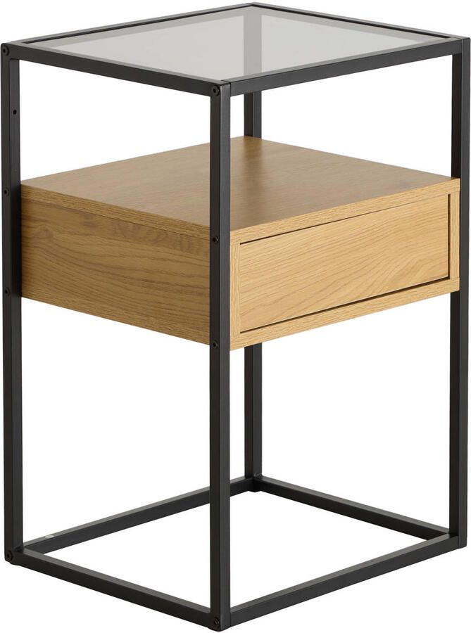 Hioshop Ralf nachtkastje 1 plank 1 lade glas rookkleurig wild eik decor. - Foto 4