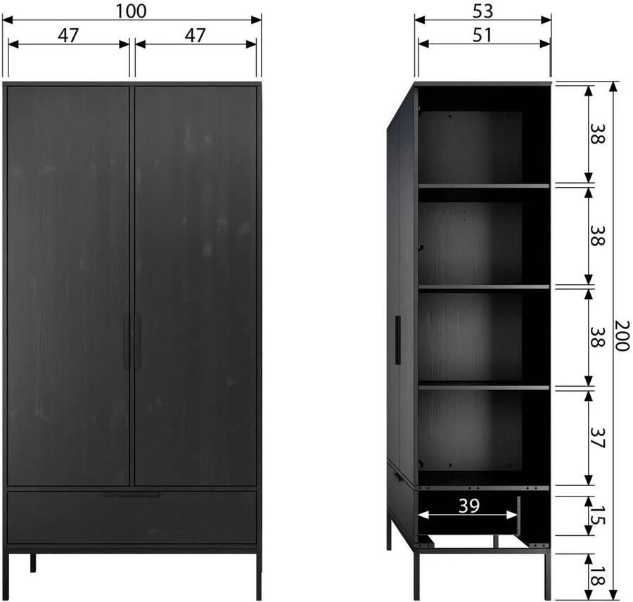 WOOOD | Adam 2-deurs Kast Grenen Zwart | Woonkamer meubels | BergkastKastWandkast - Foto 8