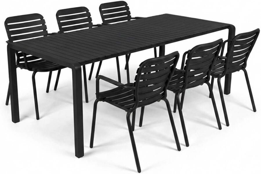 Zuiver Tuinset Vondel Met tuintafel en 6 stoelen met armleuning 214 x 97cm Zwart