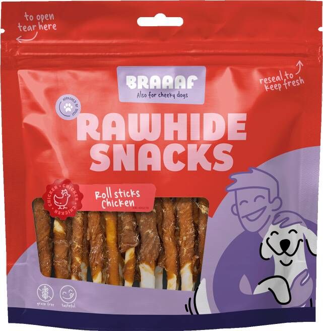 Braaaf Rollsticks Hondensnack Kip 12 cm 30 stuks