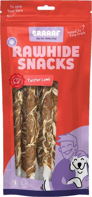 Braaaf Twister Hondensnack Lam Vis 21 cm 6 stuks