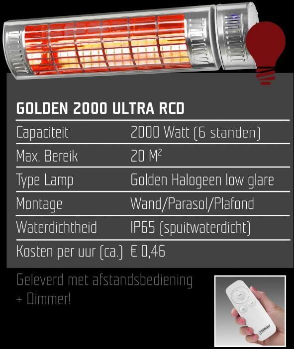 Eurom Terrasverwarming Golden 2000 Ultra RCD 2000 Watt Elektrisch IP65 Spuitwaterdicht Waterproof 3 Standen Hangend - Foto 8