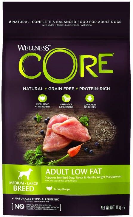 Wellness Core Adult Low Fat Medium-Large- Breed Hondenvoer Kalkoen 10 kg