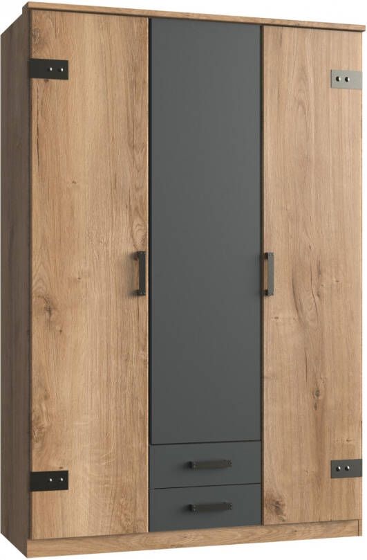 Woonexpress Kledingkast Stratum Houtlook Naturel 135 x 199 x 58 cm (BxHxD) 2 lades en 3 deuren Zwart naturel kleur Draaideurkast - Foto 5